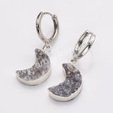 Crescent Moon Natural Colors Agate Druzy Hoop Earrings, Silver Plated Drusy Geode Earrings AL879