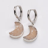 Crescent Moon Natural Colors Agate Druzy Hoop Earrings, Silver Plated Drusy Geode Earrings AL879