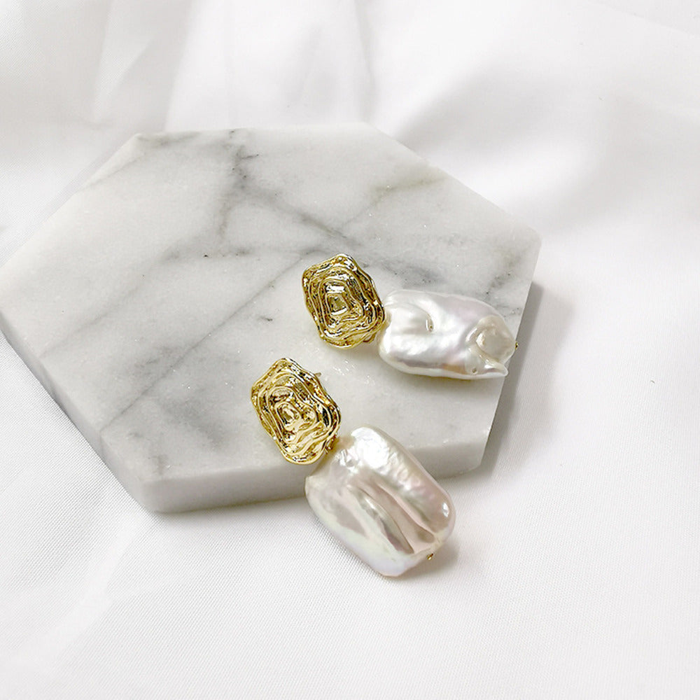 Baroque Rectangle Natural Freshwater Pearl Spiral Gold Dangle Earrings Boho Jewelry AL886