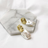 Baroque Rectangle Natural Freshwater Pearl Spiral Gold Dangle Earrings Boho Jewelry AL886