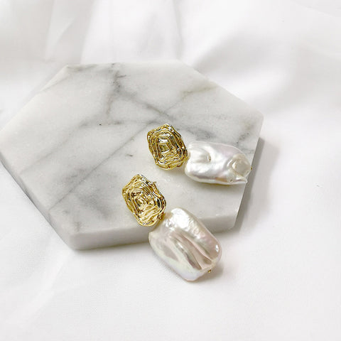Baroque Rectangle Natural Freshwater Pearl Spiral Gold Dangle Earrings Boho Jewelry AL886