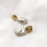 Baroque Rectangle Natural Freshwater Pearl Spiral Gold Dangle Earrings Boho Jewelry AL886