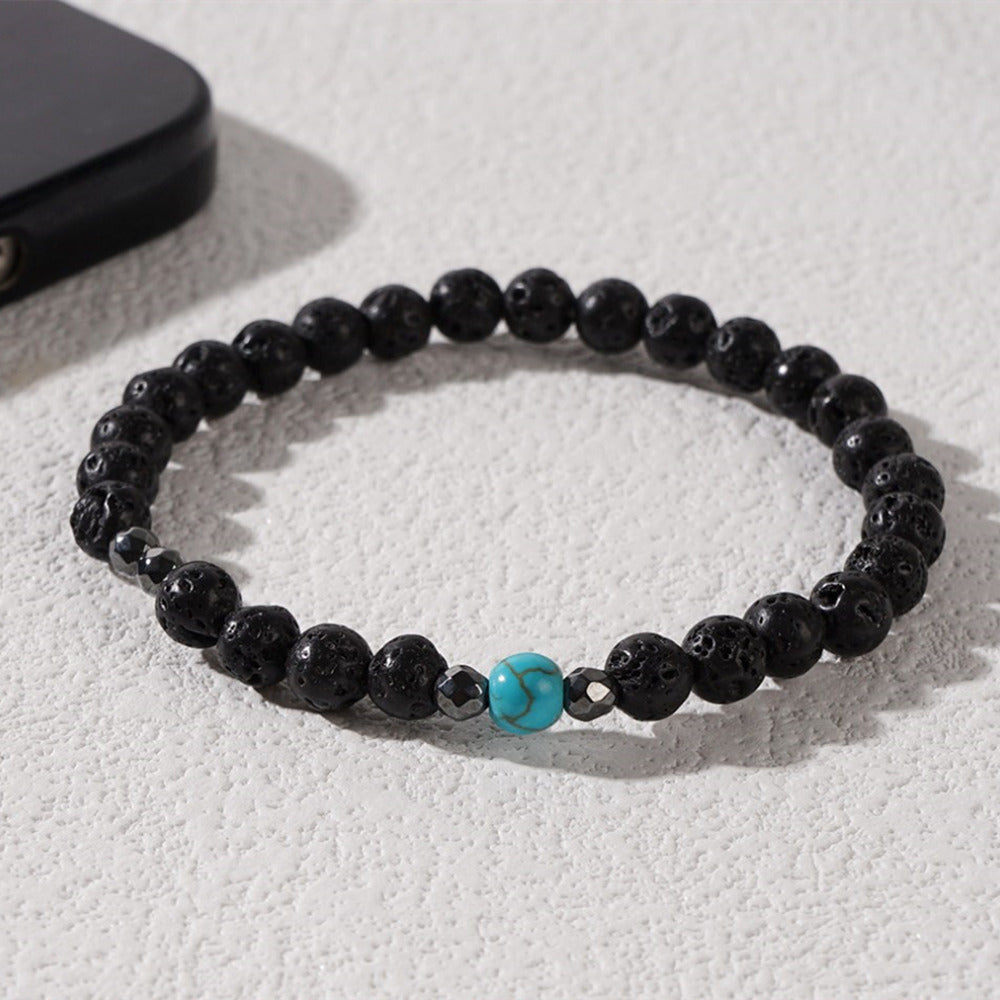 Black Lava Stone & Hematite & Blue Howlite Turquoise Beaded Stretch Bracelet, Boho Summer Beach Bracelet For Men AL899