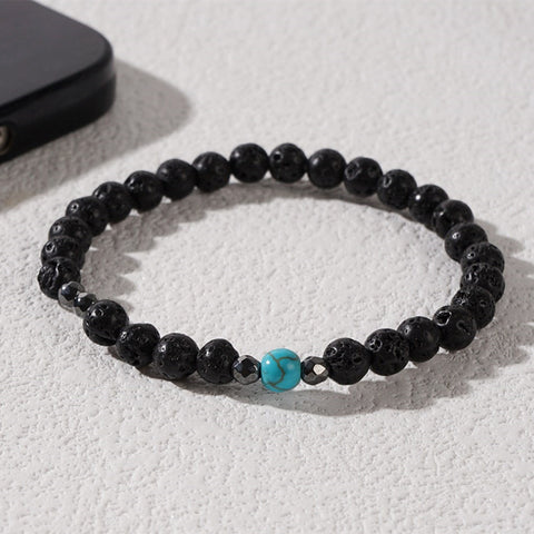 Black Lava Stone & Hematite & Blue Howlite Turquoise Beaded Stretch Bracelet, Boho Summer Beach Bracelet For Men AL899