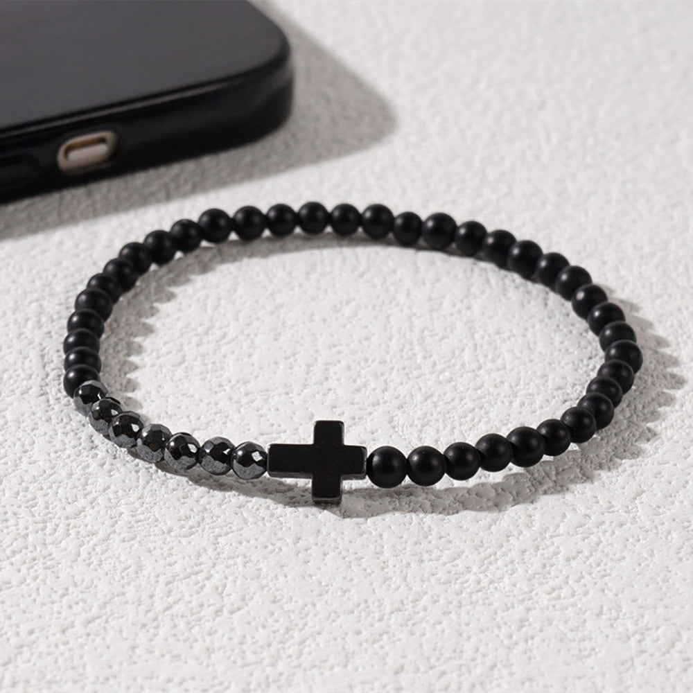 Black Cross Matte Black Agate & Hematite Small Beaded Stretch Bracelet, Boho Summer Beach Bracelet For Men AL900