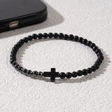 Black Cross Matte Black Agate & Hematite Small Beaded Stretch Bracelet, Boho Summer Beach Bracelet For Men AL900