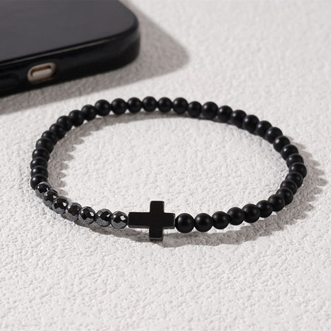 Black Cross Matte Black Agate & Hematite Small Beaded Stretch Bracelet, Boho Summer Beach Bracelet For Men AL900