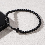 Black Cross Matte Black Agate & Hematite Small Beaded Stretch Bracelet, Boho Summer Beach Bracelet For Men AL900