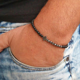 Black Cross Matte Black Agate & Hematite Small Beaded Stretch Bracelet, Boho Summer Beach Bracelet For Men AL900