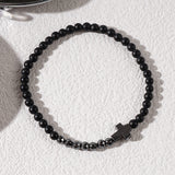 Black Cross Matte Black Agate & Hematite Small Beaded Stretch Bracelet, Boho Summer Beach Bracelet For Men AL900