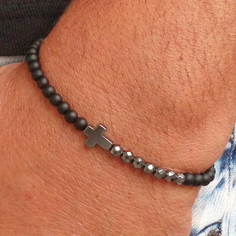 Black Cross Matte Black Agate & Hematite Small Beaded Stretch Bracelet, Boho Summer Beach Bracelet For Men AL900