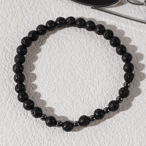 8" Black Lava Stone & Hematite Beaded Stretch Bracelet, Boho Summer Beach Jewelry, Bracelet For Men AL902