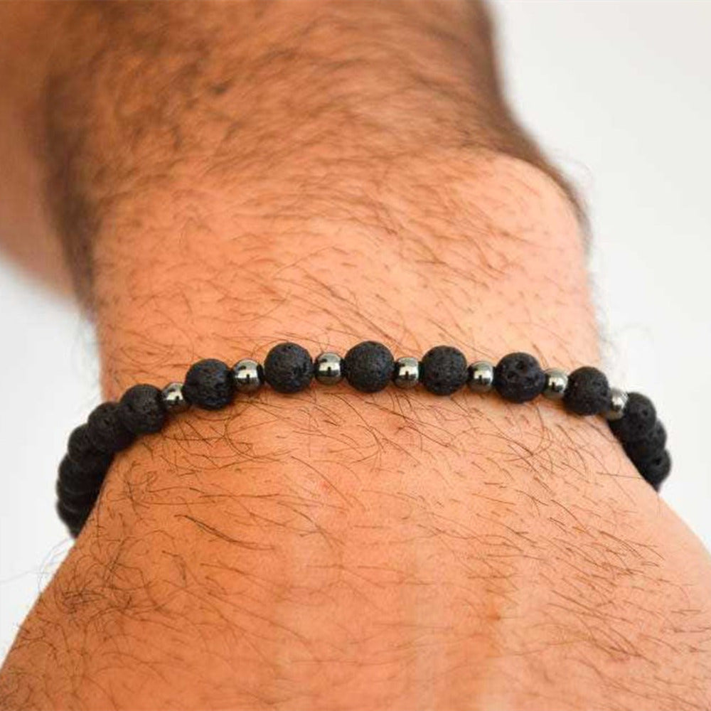 8" Black Lava Stone & Hematite Beaded Stretch Bracelet, Boho Summer Beach Jewelry, Bracelet For Men AL902