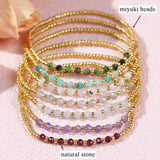 Bohemian Skinny Faceted Aquamarine Moonstone Stones & Gold Miyuki Beads Stacked Bracelet, Handmade Boho Summer Jewelry AL903