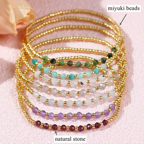 Bohemian Skinny Faceted Aquamarine Moonstone Stones & Gold Miyuki Beads Stacked Bracelet, Handmade Boho Summer Jewelry AL903