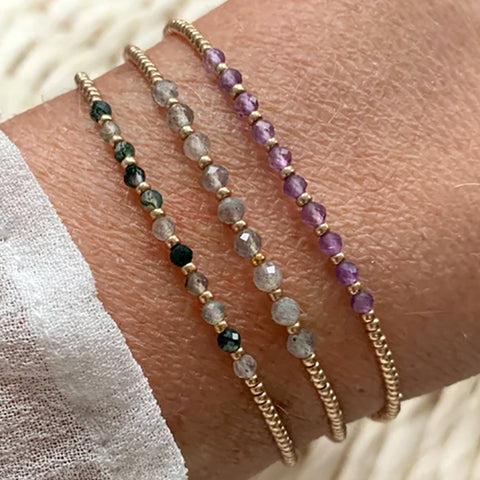 Bohemian Skinny Faceted Aquamarine Moonstone Stones & Gold Miyuki Beads Stacked Bracelet, Handmade Boho Summer Jewelry AL903