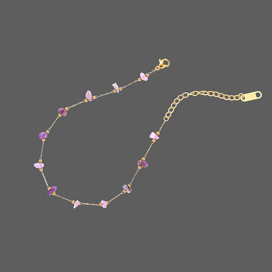 8" Raw Amethyst Chips & Gold Beads Rosary Chain Anklet, Titanium Steel Sunmmer Jewelry AL926