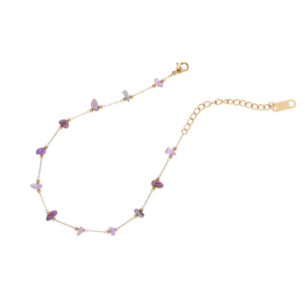 8" Raw Amethyst Chips & Gold Beads Rosary Chain Anklet, Titanium Steel Sunmmer Jewelry AL926