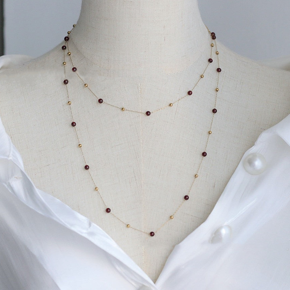 16"/22" Natural Garnet Gold Beads Rosary Necklace Titanium Steel Jewelry AL928