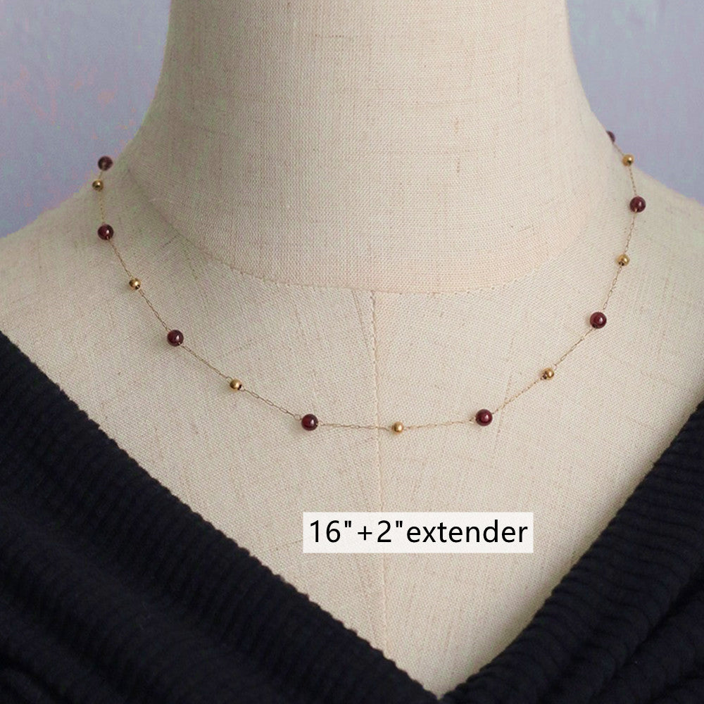 16"/22" Natural Garnet Gold Beads Rosary Necklace Titanium Steel Jewelry AL928