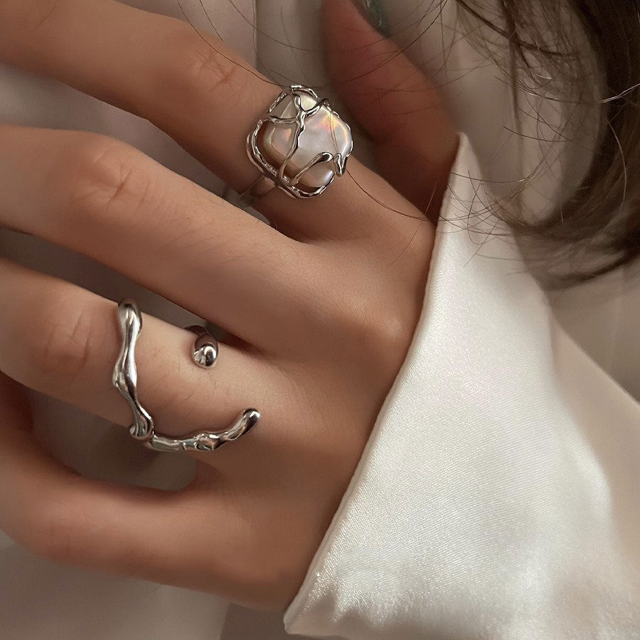 Baroque Natural Pearl Ring Vine Wrap Ring Irregular Moon Open Ring, 925 Silver Jewelry Ring AL930