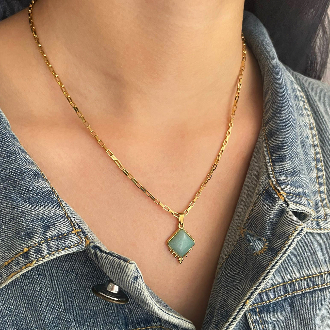 18” Gold Diamond Tiger's Eye Amazonite Pendant Necklace, Natural Stone Stainless Steel Jewelry Necklace AL932