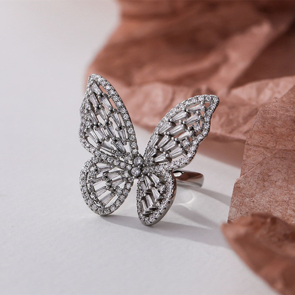 Big Butterfly Ring Adjustable Silver Plated Zircon Ring Fashion Jewelry AL935