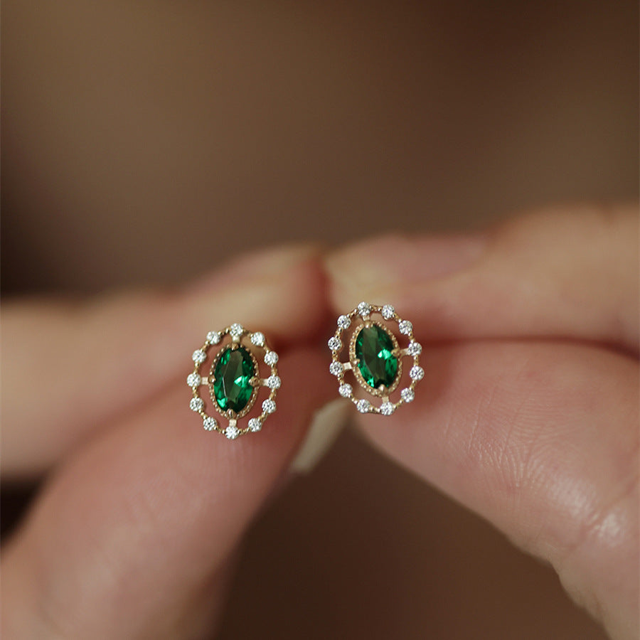 Dainty Oval Green Zircon Stud Earrings 925 Silver CZ Flower Studs, 14k Gold Plated Jewelry AL946