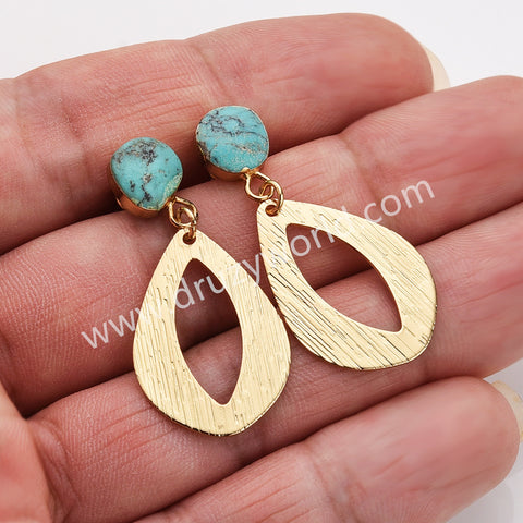 Irregular Natural Turquoise Gold Drop Slice Dangle Earrings, Boho Gemstone Jewelry Earrngs AL954