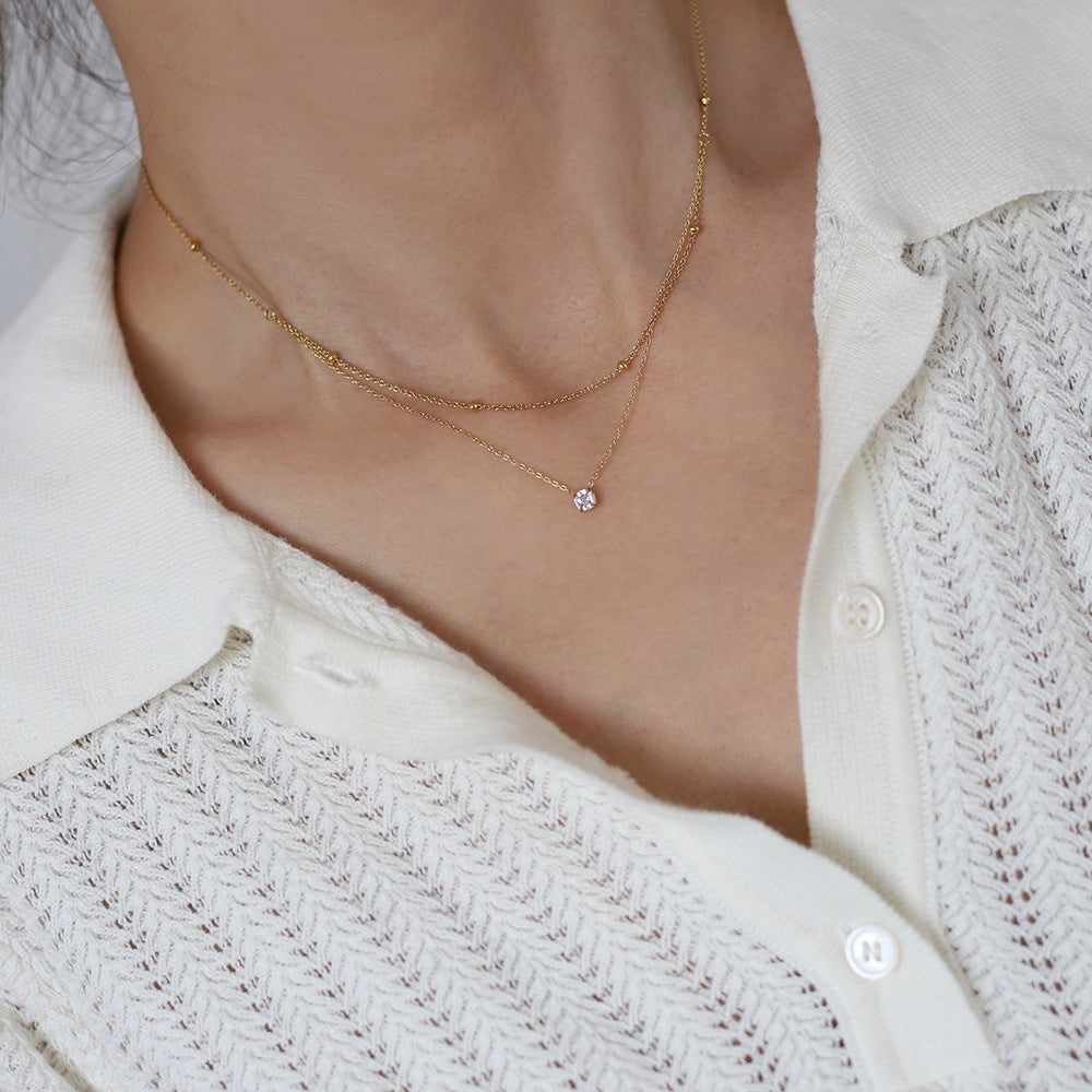 16" Dainty Small Zircon & Gold Beads Necklace CZ Necklace, Titanium Steel Jewelry Necklace AL964