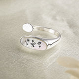 Personalized Gold Plated White Shell Carved Birthflower Open Ring, Birth Flower Jewelry KZ047