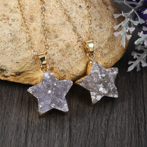 16" Natural Colors Agate Druzy Star Pendant Necklace, Gold Plated Raw Crystals Jewelry G2023-N