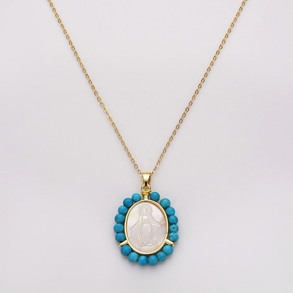 16" Virgin Mary Carved Pendant Necklace, Oval Mother of Pearl With Blue Howlite Turquose Beads, Religious Jewelry WX2171-N