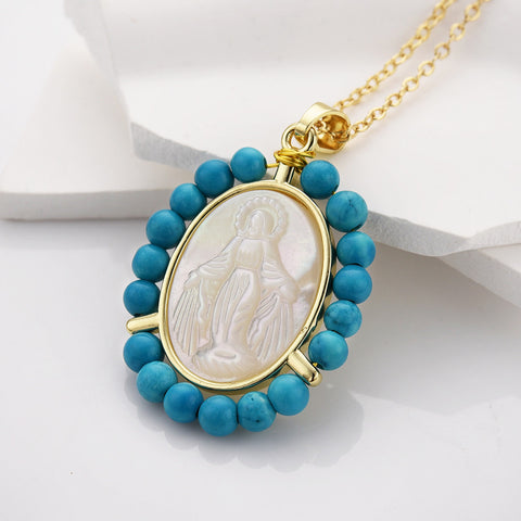 16" Virgin Mary Carved Pendant Necklace, Oval Mother of Pearl With Blue Howlite Turquose Beads, Religious Jewelry WX2171-N