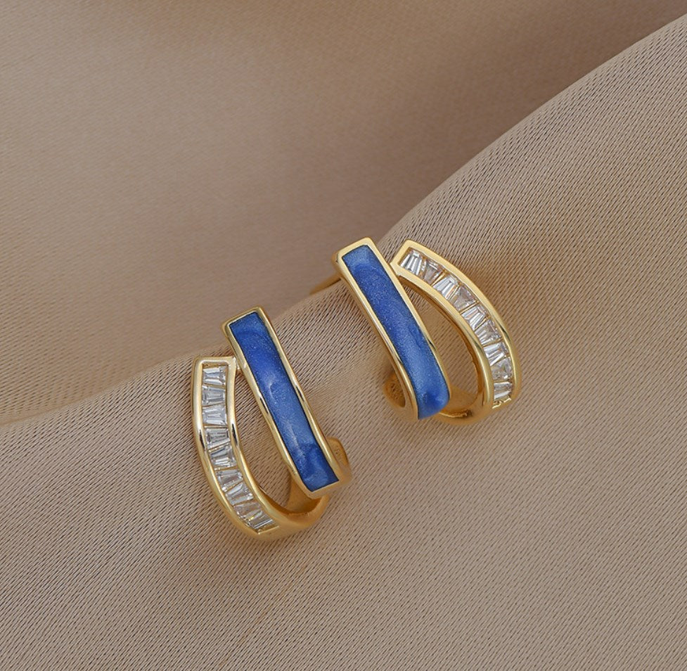 Double Layers Oil Drip CZ Stud Earrings, S925 Sterling Post, Fashion Summer Jewelry  AL703