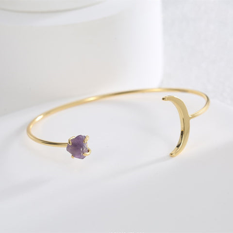 Gold Plated Star Moon Cuff Bracelet, Raw Amethyst Quartz, Adjustable Open Bracelet, Fashion Gemstone Jewelry AL727