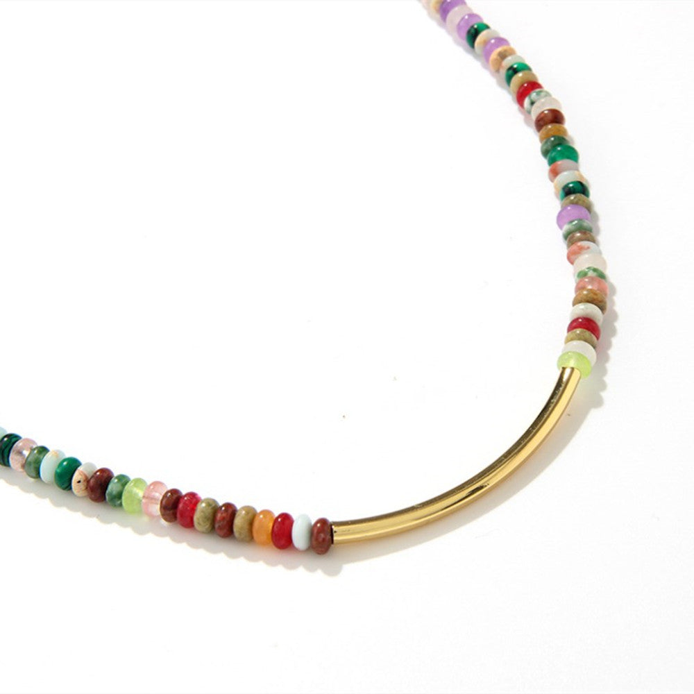 16" Bohemian Multi Natural Stones Beaded Necklace, Gold Tube, Handmade Boho Jewelry AL737