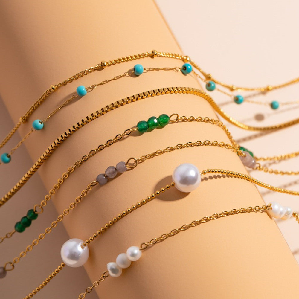 18K Gold Stainless Steel Pearl Necklace, Natural Stone Rosary Chain Necklace Jewelry AL740
