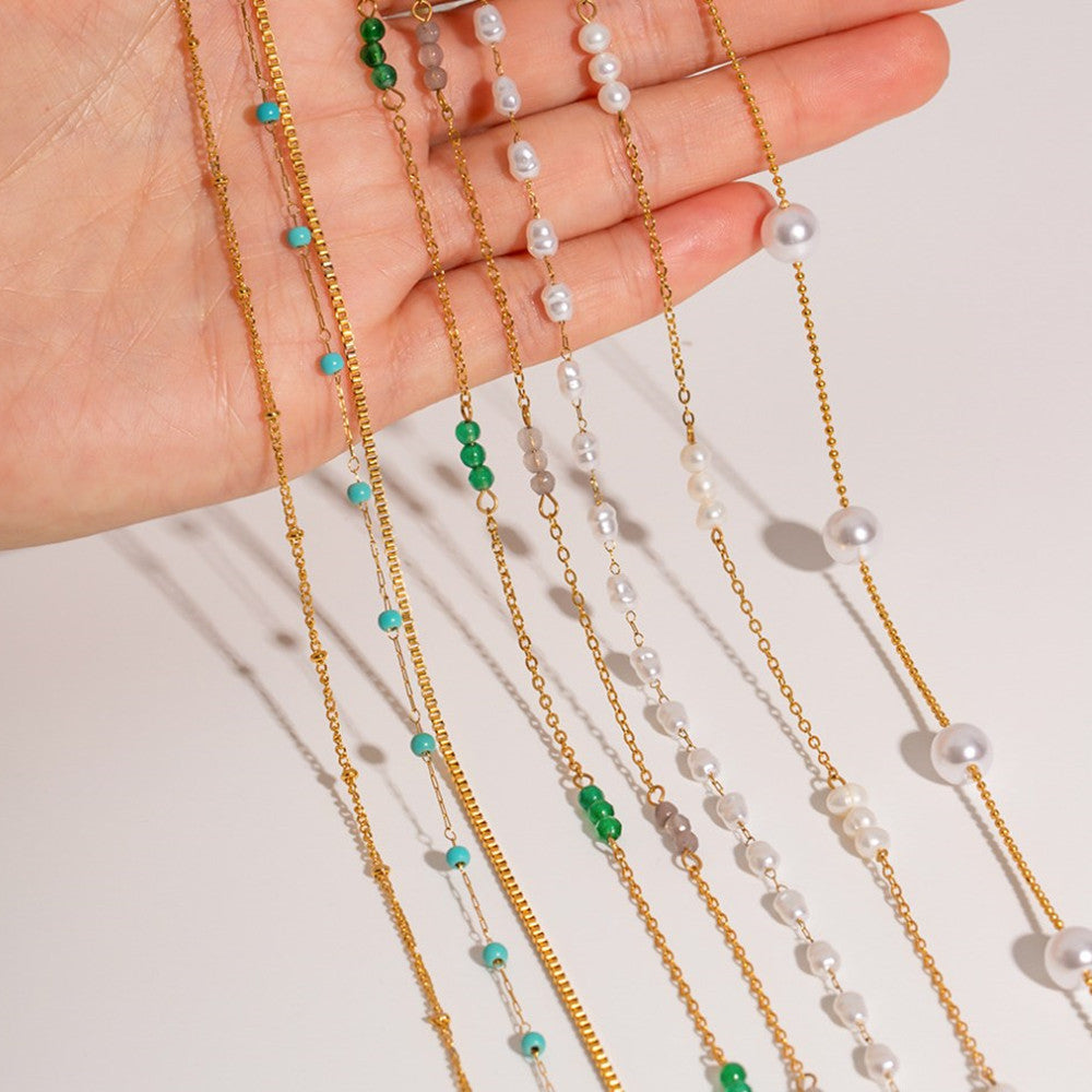 18K Gold Stainless Steel Pearl Necklace, Natural Stone Rosary Chain Necklace Jewelry AL740