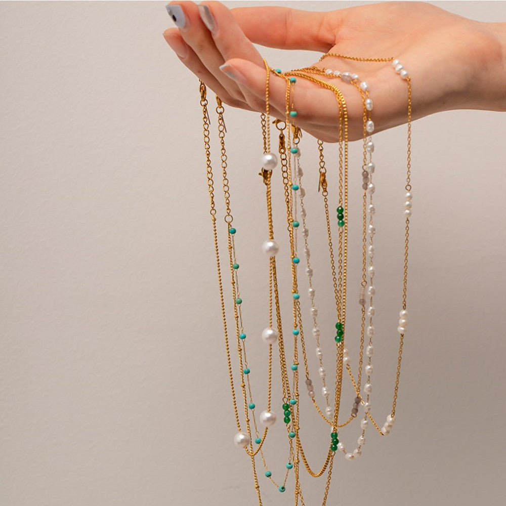 18K Gold Stainless Steel Pearl Necklace, Natural Stone Rosary Chain Necklace Jewelry AL740