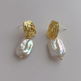Baroque Rectangle Natural Freshwater Pearl Spiral Gold Dangle Earrings Boho Jewelry AL886