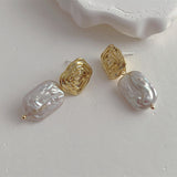 Baroque Rectangle Natural Freshwater Pearl Spiral Gold Dangle Earrings Boho Jewelry AL886