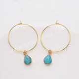 Gold Plated Drop Natural Pure Turquoise Hoop Dangle Earrings AL807