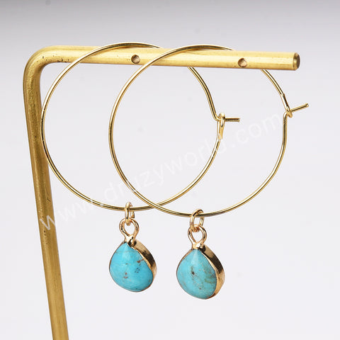 Gold Plated Drop Natural Pure Turquoise Hoop Dangle Earrings AL807