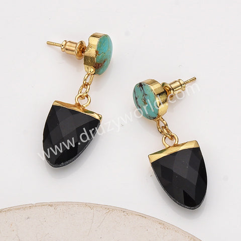 Irregular Natural Turquoise & Black Agate Faceted Dangle Earrings, Gold Plated Boho Gemstone Jewelry Earrings AL953