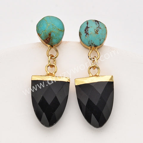 Irregular Natural Turquoise & Black Agate Faceted Dangle Earrings, Gold Plated Boho Gemstone Jewelry Earrings AL953