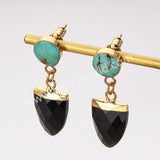 Irregular Natural Turquoise & Black Agate Faceted Dangle Earrings, Gold Plated Boho Gemstone Jewelry Earrings AL953