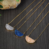 16“ Titanium Agate Druzy Crystal Half Moon Necklace, Natural Drusy Gemstone Jewelry G1722-N