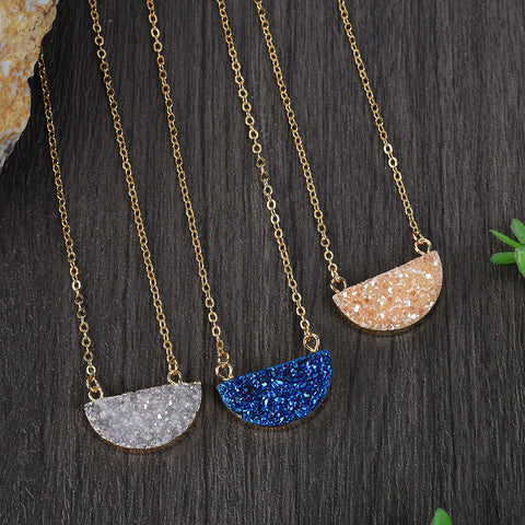 16“ Titanium Agate Druzy Crystal Half Moon Necklace, Natural Drusy Gemstone Jewelry G1722-N