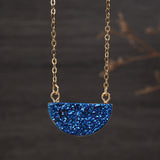 16“ Titanium Agate Druzy Crystal Half Moon Necklace, Natural Drusy Gemstone Jewelry G1722-N